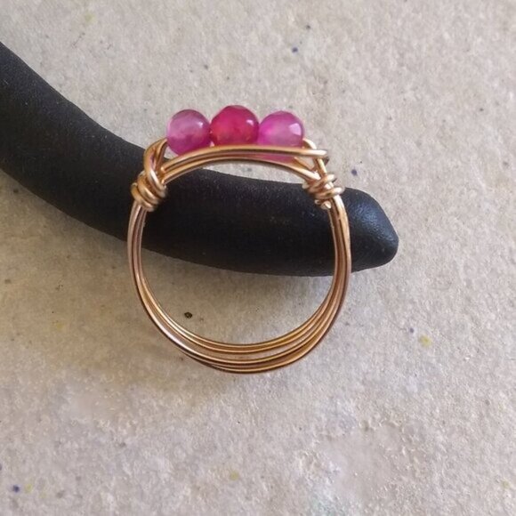Sz 8.5 ~ Sexy & Slim Pink Agate Beaded Handmade Ring! Sturdy Every Day Wear! - Picture 1 of 9